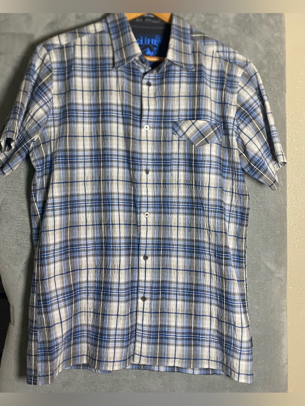 Kuhl Response Shirt Men's Large Hiking Plaid Seersucker Blue White Black Outdoor